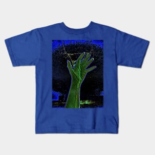 Digital collage and special processing. Hand reaching stars. Monster or great friend. Blue and green, very psychedelic. Kids T-Shirt